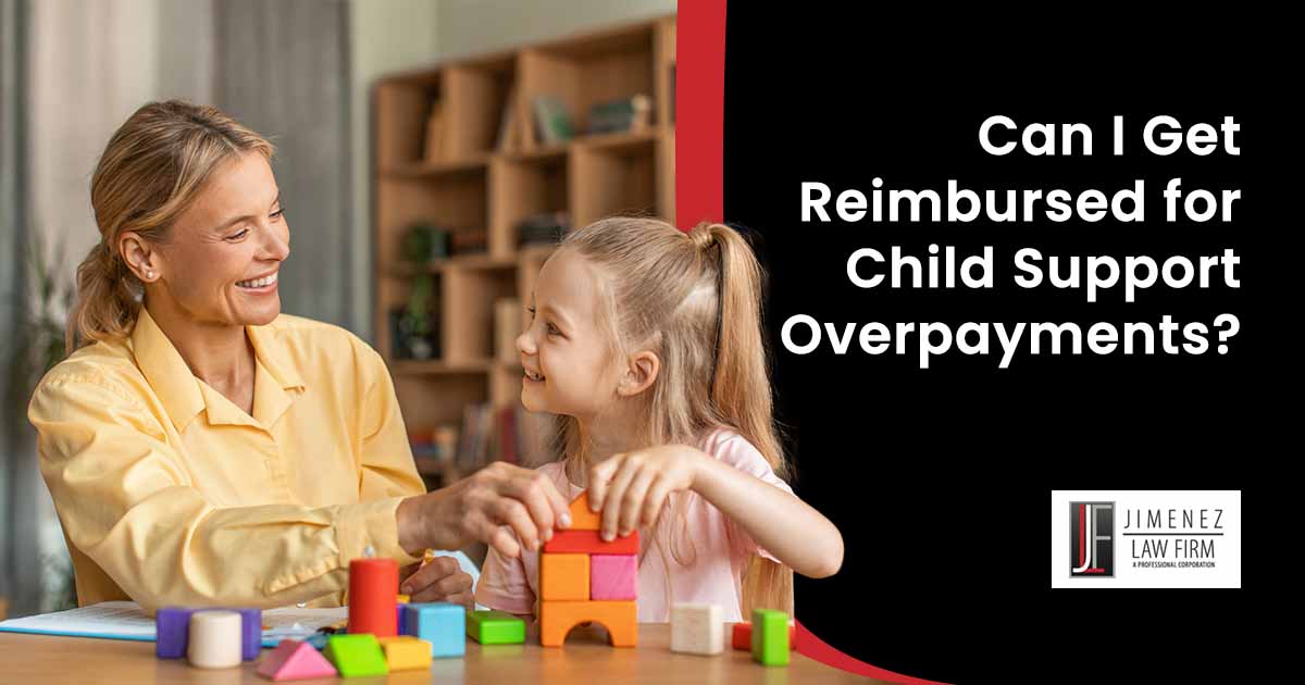 Image of a friendly female child development specialist having a session, featuring The Jimenez Law Firm and highlighting "Can I Get Reimbursed for Child Support Overpayments?"