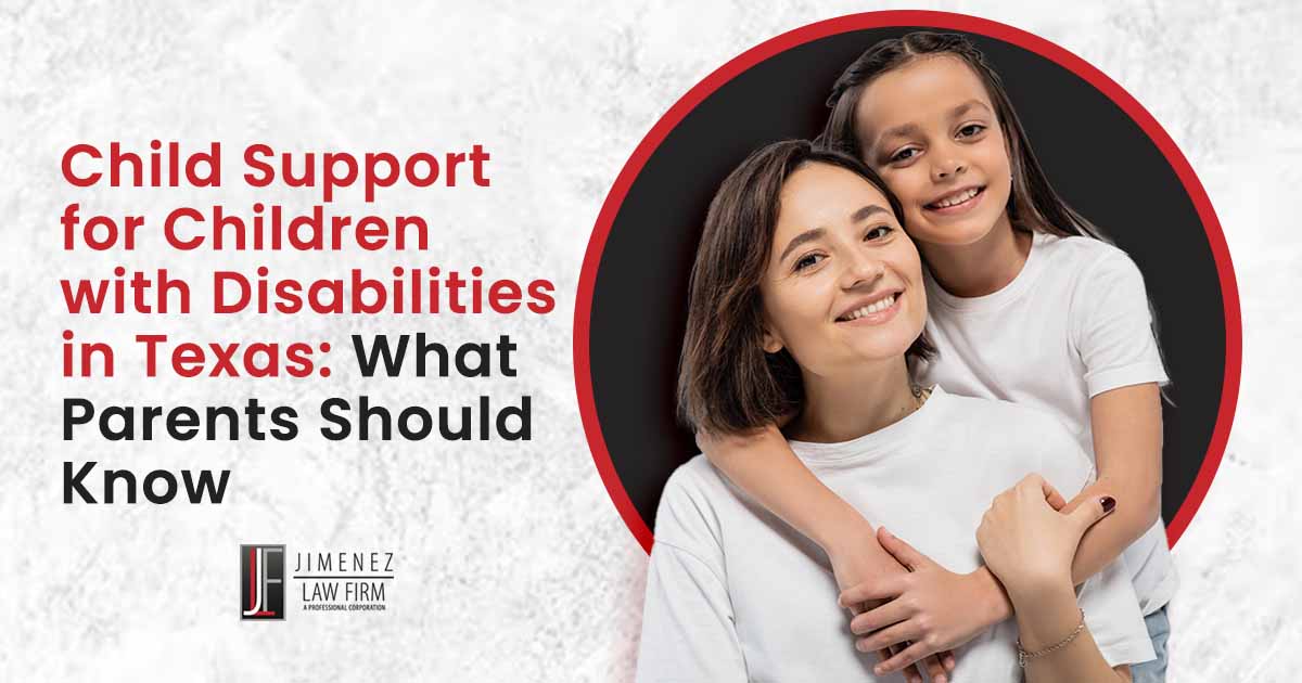 Image of a brunette preteen child hugging a happy mother with short hair, featuring The Jimenez Law Firm and highlighting important information about child support for children with disabilities in Texas that parents should know.