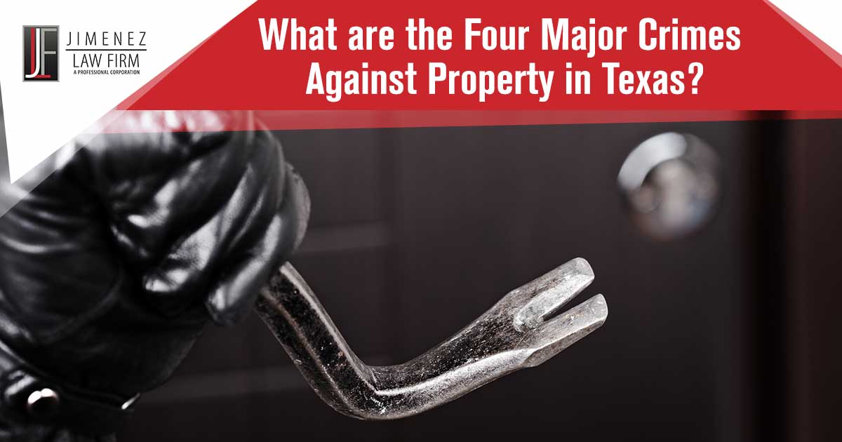 Image in black and white colors. On the left side you see hands in black gloves holding a crow bar in front of a door. Being charged with a crime can be an overwhelming and intimidating experience. When it comes to crimes against property in Texas, understanding the law and the potential penalties can be difficult to navigate. If you’re facing charges for four major crimes against property in Texas, such as burglary or theft, it's essential to have a knowledgeable attorney who can represent your case aggressively. Otherwise, you could end up with serious consequences that could jeopardize your future prospects. Jimenez Law Firm is here to help. Our experienced team of attorneys understands the complexities of four major crimes against property in Texas and knows how to devise effective strategies for fighting them. With us on your side, you can breathe easy knowing that your legal rights are being protected and your case is in good hands. Contact us today to get started!