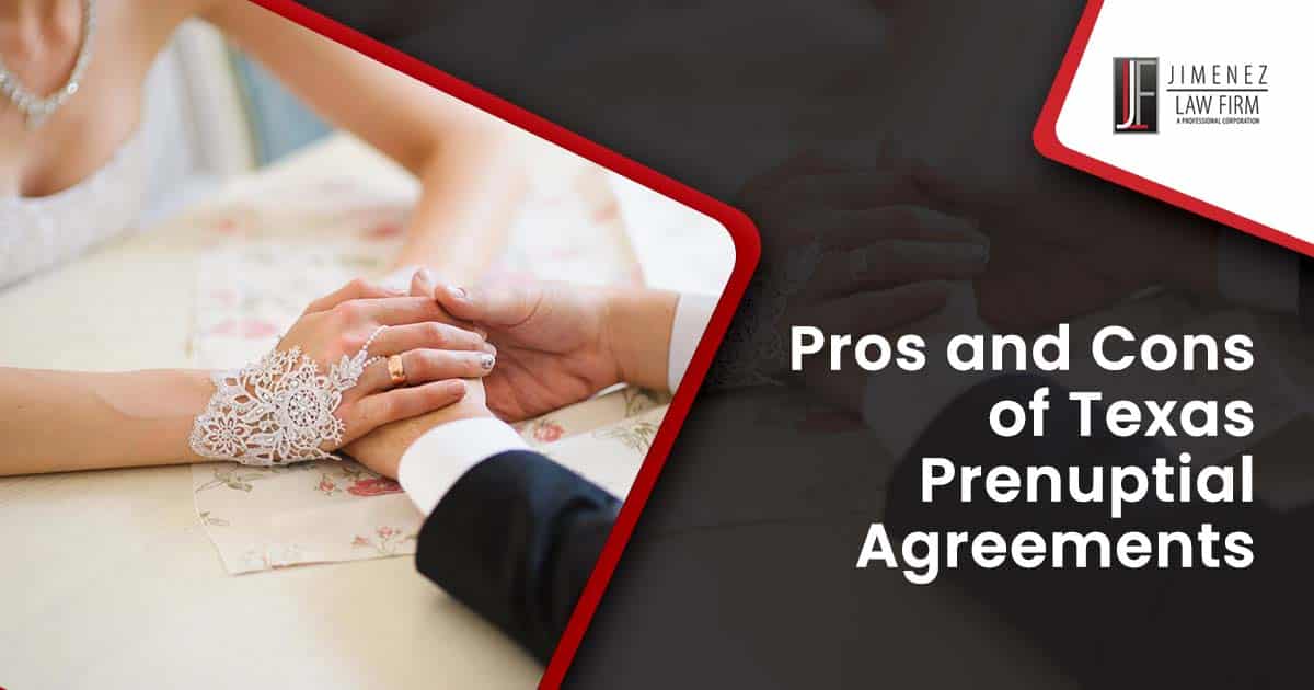 Image of a bride and groom's hands at a wedding ceremony, featuring The Jimenez Law Firm and highlighting "Pros and Cons of Texas Prenuptial Agreements."