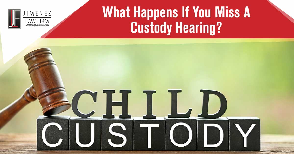Image of text that says Child Custody on a wooden table top with judges gavel and a blurred green background. Missed court hearings can have serious repercussions, leaving you feeling panicked and overwhelmed. If the hearing is related to a child custody battle, the consequences can be even more severe. Failing to attend a court date can mean you lose your shot at getting custody of your child. You may face further legal action, including fines and even jail time. At The Jimenez Law Firm, we specialize in helping clients navigate child custody cases. Our experienced team is here to help you understand what will happen if you miss a hearing and guide you through the legal process so that you can get the outcome you deserve. Contact us now for experienced legal advice and start taking action for your future!