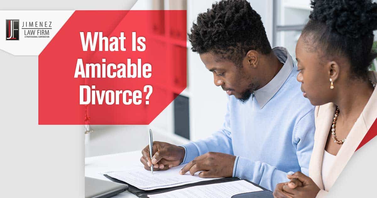 Image of a black man and woman signing divorce papers. The Jimenez Law Firm, P.C. - An amicable divorce is a divorce where both parties agree on the key settlement points. Those critical pieces are spousal and child support, division of property, and child visitation and custody. Spouses make these agreements without litigation but often do get help from an attorney.