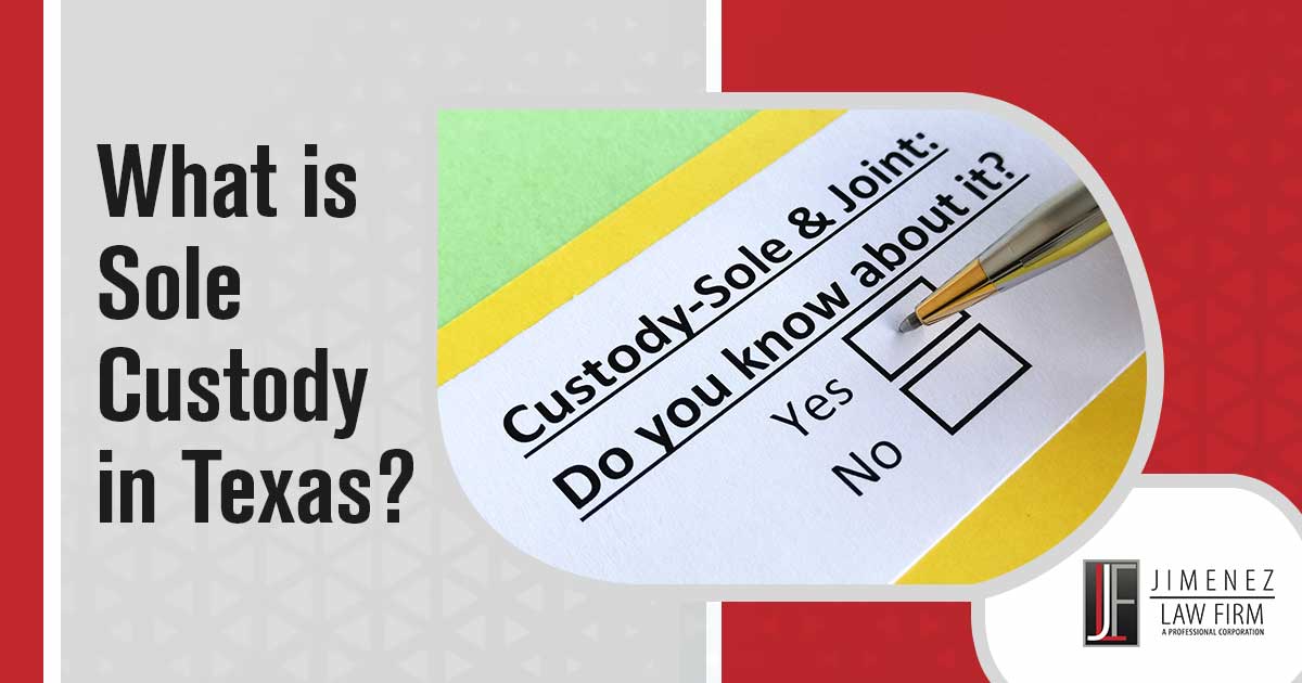 Image of text that reads Custody-Sole & Joint: Do you know about it on a yellow and light green background. Families in Texas are facing a difficult time trying to secure sole custody of their children. Often, the process is confusing and overwhelming, with many uncertain factors. Parents need to be proactive in protecting the best interests of their children - but without the right legal support, it can seem like an impossible task. With the wrong decisions, your child's future could be in serious jeopardy. The Jimenez Law Firm is dedicated to helping families in Texas through the process of obtaining sole custody of their children. Our experienced team of family law attorneys will provide you with essential guidance and ensure that you make informed decisions throughout the process. Rely on us for reliable and effective representation -contact us now for more information!